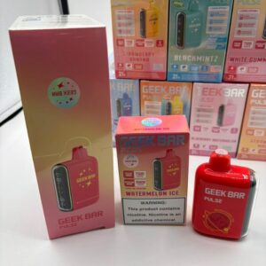 A collection of Geek Bar Pulse 15000 puff disposable vapes in various flavors including Strawberry Banana, Watermelon Ice, and Blackmintz