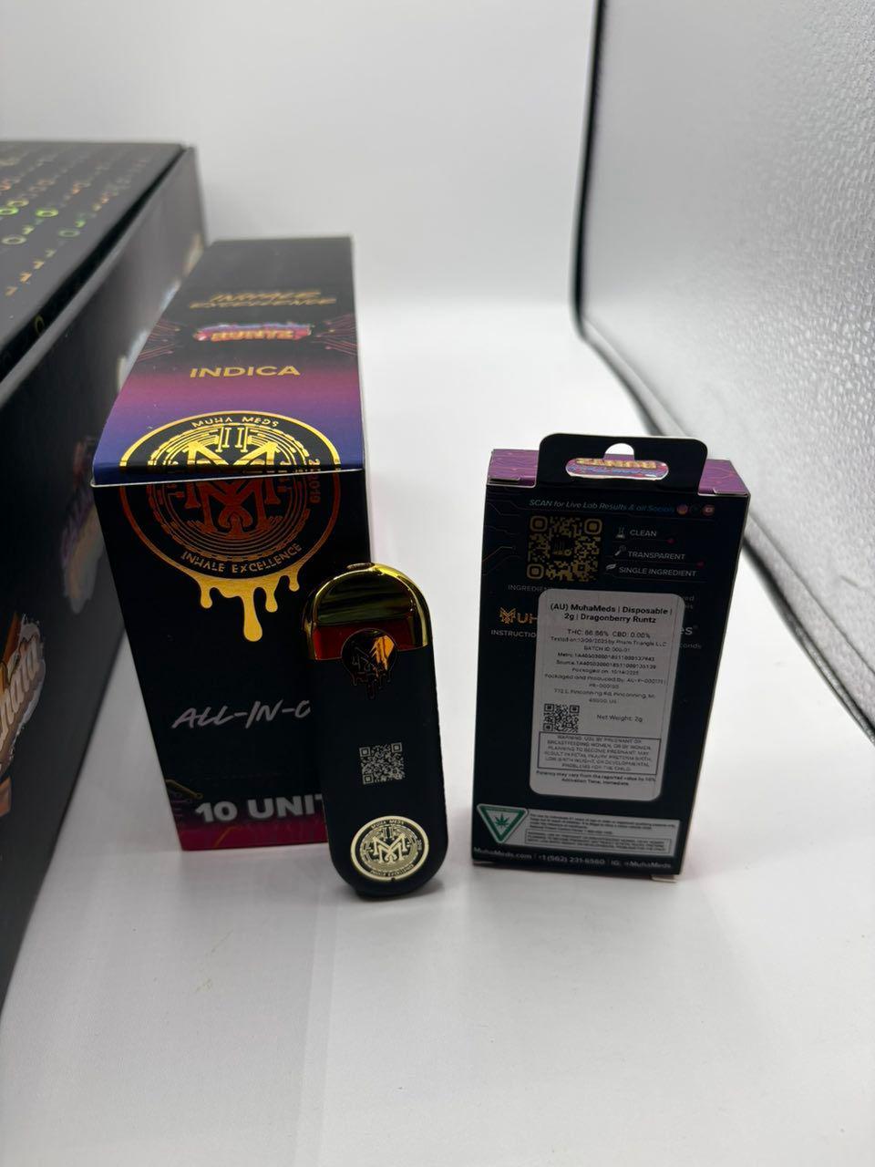 Muha Meds 2g All-In-One Packaging showing 88.86 percent THC and Dragonberry Runtz Indica strain Muha Meds 2g All-In-One Packaging showing 88.86 percent THC and Dragonberry Runtz Indica strain