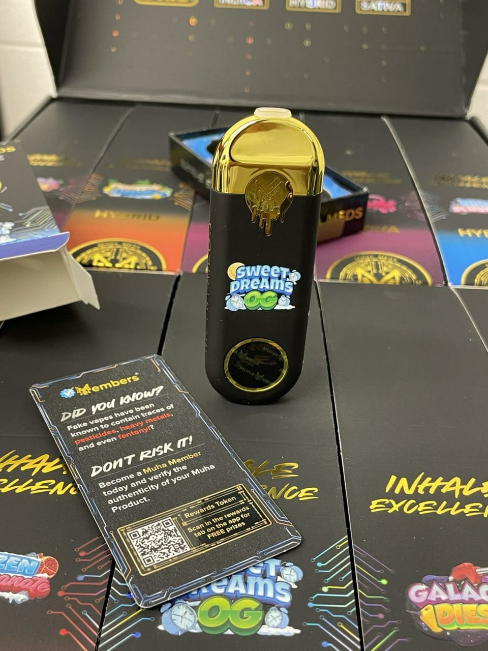 Muha Meds Sweet Dreams OG 5 Pack disposable vapes with authentic packaging and verification rewards card.