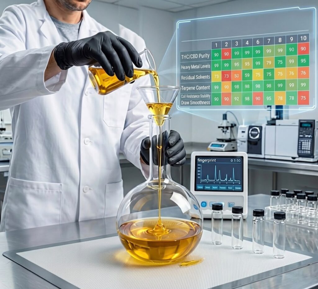 10 Best Disposable of 2026 (Tested & Compared) featured image showing a laboratory technician analyzing vape liquid performance results.